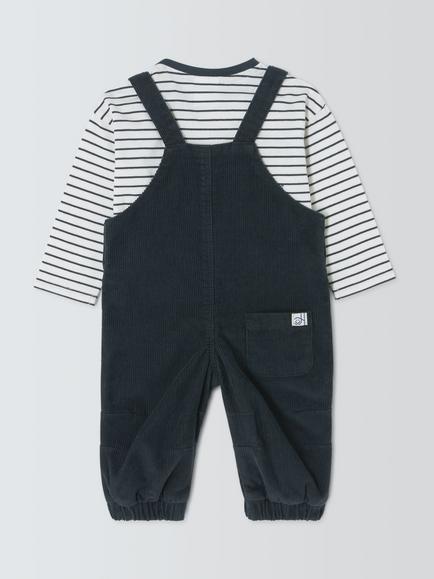 John Lewis Baby Corduroy Dungaree and Striped Top Set, Navy - view 2, Navy