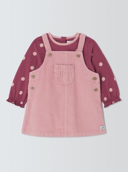 John Lewis Baby Dot Print Top and Corduroy Pinafore Set, Pink/Leopard, Pink/Leopard