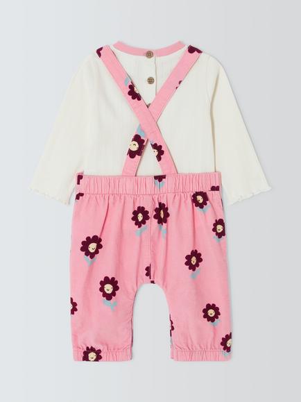 John Lewis Baby Flower Dungaree and Top Set, Pink Floral - view 2, Pink Floral