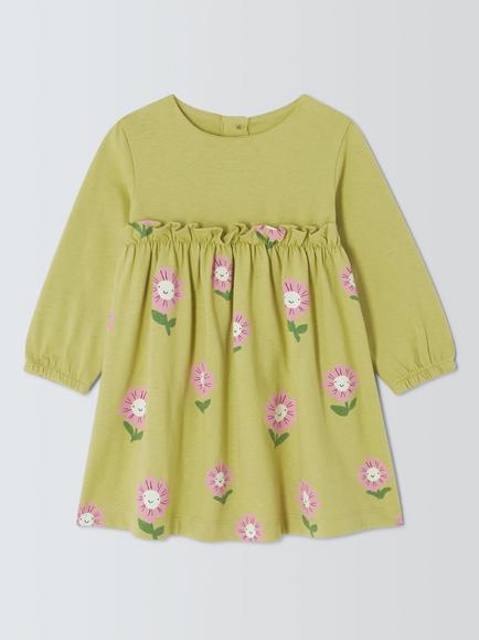 John Lewis Baby Flower Long Sleeve Dress, Green Floral, Green Floral