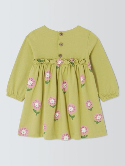 John Lewis Baby Flower Long Sleeve Dress, Green Floral - view 2, Green Floral