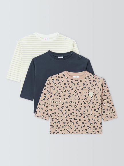 John Lewis Baby Cotton T-Shirt, Pack of 3, Leopard/Grey/Stripe, Leopard/Grey/Stripe