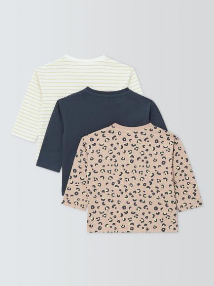 John Lewis Baby Cotton T-Shirt, Pack of 3, Leopard/Grey/Stripe - view 2, Leopard/Grey/Stripe
