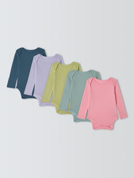 John Lewis Baby Pointelle Long Sleeve Bodysuits, Pack of 5, Pink Multi, Pink Multi