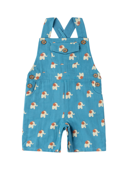 Little Green Radicals Kids' Organic Cotton Elephant Print Dungaree Shorts, Blue, Blue