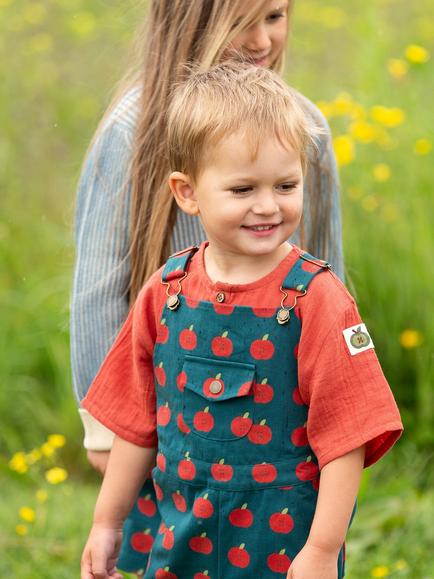 Little Green Radicals Kids' Apple Print Dungaree Shorts, Blue - view 2, Blue