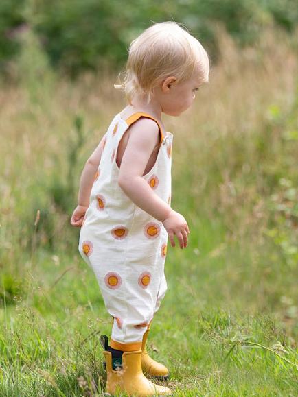Little Green Radicals Baby Organic Cotton Sun Print Dungaree Shorts, Cream - view 2, Cream