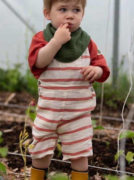 Little Green Radicals Baby Organic Cotton Stripe Dungaree Shorts, Red - view 2, Red