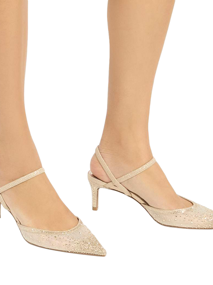 Dune London Charismatic Mesh Diamante Slingback Court Shoes - view 2, Gold