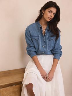 Mint Velvet Scallop Trim Denim Shirt, Mid Indigo, Mid Indigo
