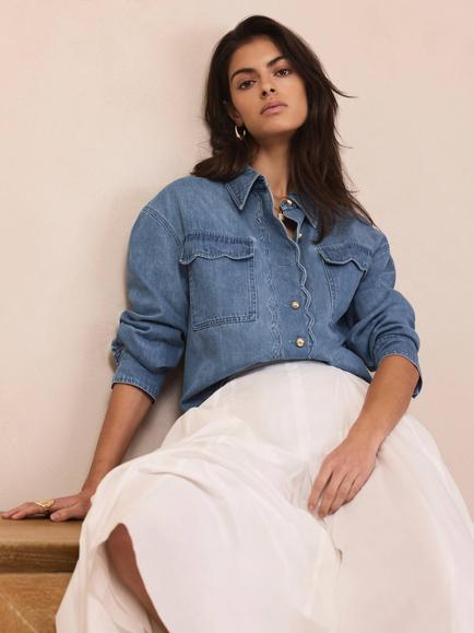 Mint Velvet Scallop Trim Denim Shirt, Mid Indigo - view 2, Mid Indigo