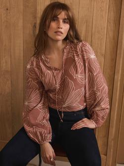 Mint Velvet Tie Neck Floral Blouse, Camel Pink, Camel Pink