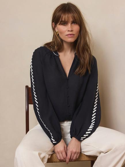 Mint Velvet Whipstitch Detail Blouse, Blue Navy, Blue Navy