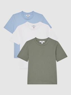 Reiss Kids' Bless Pure Cotton Short Sleeve T-Shirt, Pack of 3, Soft Blue/Dark Sage/White, Soft Blue/Dark Sage/White