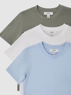 Reiss Kids' Bless Pure Cotton Short Sleeve T-Shirt, Pack of 3, Soft Blue/Dark Sage/White - view 2, Soft Blue/Dark Sage/White