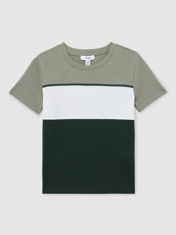 Reiss Kids' Cole Short Sleeve Colour Block T-Shirt - view 2, Dark Green/Sage/Off White