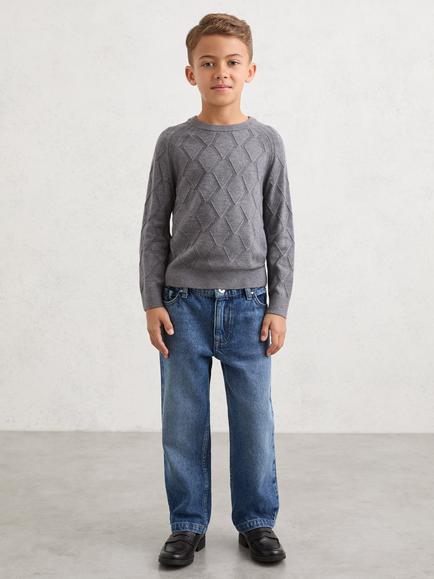 Reiss Kids' Mansion Diamond Stitch Crew Neck Jumper, Grey, Grey