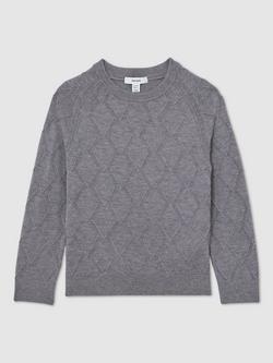 Reiss Kids' Mansion Diamond Stitch Crew Neck Jumper, Grey - view 2, Grey
