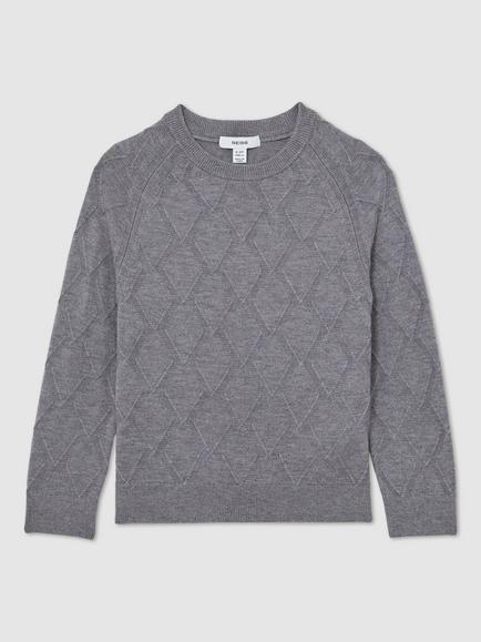 Reiss Kids' Mansion Diamond Stitch Crew Neck Jumper, Grey - view 2, Grey