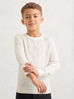 Reiss Kids' Mansion Diamond Stitch Crew Neck Jumper, White, White