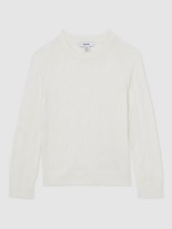 Reiss Kids' Mansion Diamond Stitch Crew Neck Jumper, White - view 2, White