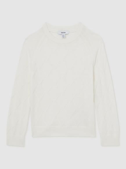 Reiss Kids' Mansion Diamond Stitch Crew Neck Jumper, White - view 2, White