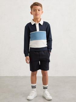 Reiss Kids' Caspian Long Sleeve Colour Block Polo Shirt, Navy, Navy