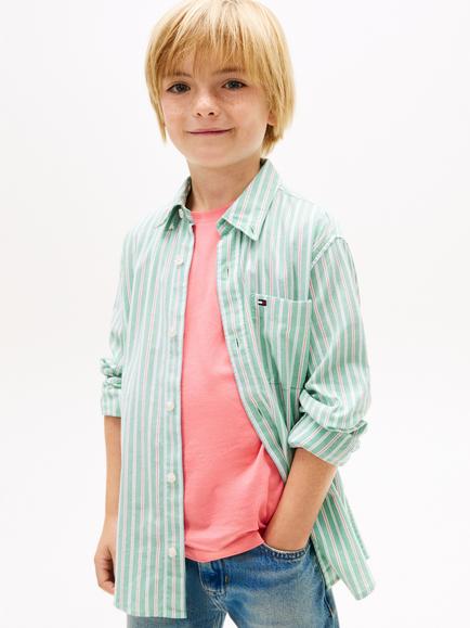 Tommy Hilfiger Kids' Cotton Blend Long Sleeve Striped Shirt, Bahama Green, Bahama Green