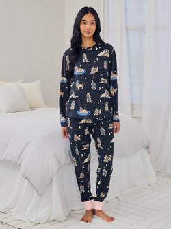 Chelsea Peers Cockapoo Snooze Jersey Long Pyjama Set, Navy, Navy
