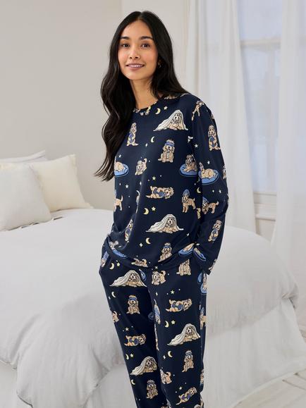 Chelsea Peers Cockapoo Snooze Jersey Long Pyjama Set, Navy - view 2, Navy