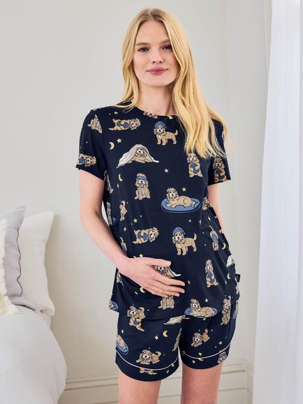 Chelsea Peers Cockapoo Snooze Jersey Short Maternity Pyjama Set, Navy, Navy