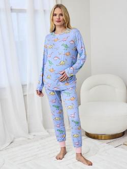 Chelsea Peers Dinosaur Dreams Jersey Long Maternity Pyjama Set, Blue, Blue