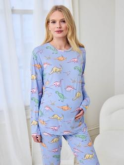 Chelsea Peers Dinosaur Dreams Jersey Long Maternity Pyjama Set, Blue - view 2, Blue
