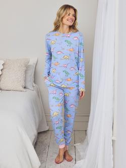 Chelsea Peers Dinosaur Dreams Jersey Long Pyjama Set, Blue, Blue