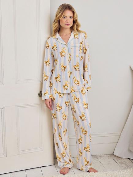 Chelsea Peers Fluffy Ducklings Button Down Long Pyjama Set, Blue, Blue