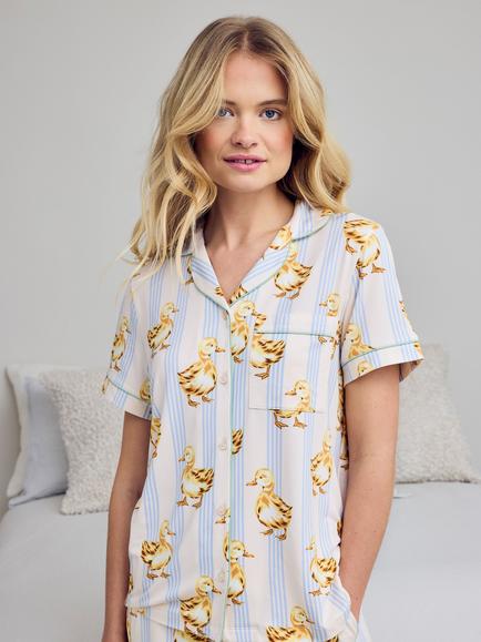 Chelsea Peers Fluffy Ducklings Button Down Short Pyjama Set, Blue - view 2, Blue