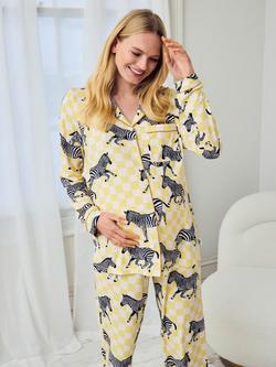 Chelsea Peers Limoncello Zebra Button Down Long Maternity Pyjama Set, Yellow - view 2, Yellow