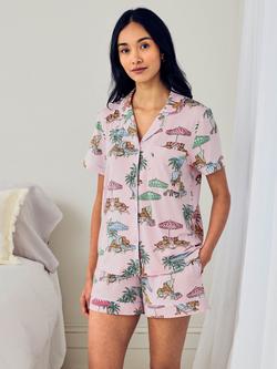 Chelsea Peers Lounging Leopards Button Down Short Pyjama Set containing TENCEL™ Modal, Pink, Pink