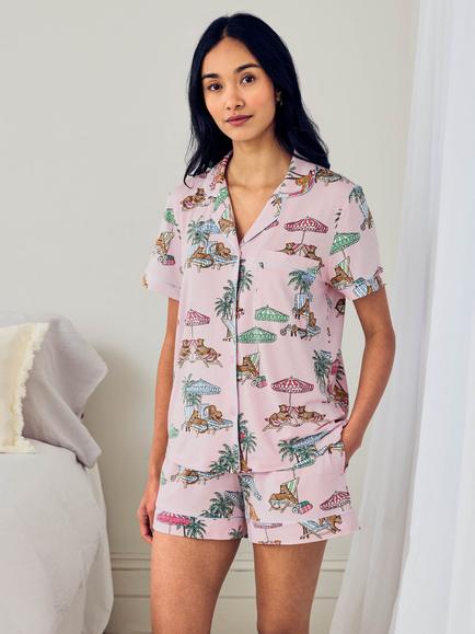 Chelsea Peers Lounging Leopards Button Down Short Pyjama Set containing TENCEL™ Modal, Pink, Pink