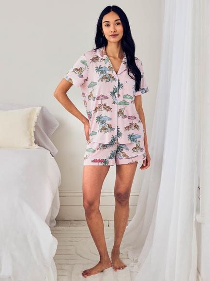 Chelsea Peers Lounging Leopards Button Down Short Pyjama Set containing TENCEL™ Modal, Pink - view 2, Pink