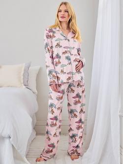 Chelsea Peers Lounging Leopards Button Down Long Maternity Pyjama Set containing TENCEL™ Modal, Pink, Pink