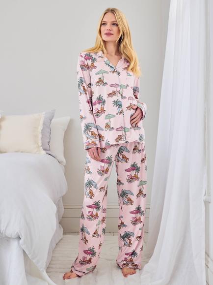 Chelsea Peers Lounging Leopards Button Down Long Maternity Pyjama Set containing TENCEL™ Modal, Pink, Pink