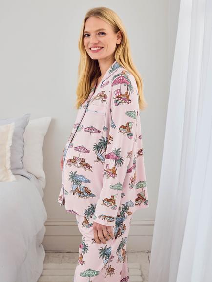 Chelsea Peers Lounging Leopards Button Down Long Maternity Pyjama Set containing TENCEL™ Modal, Pink - view 2, Pink