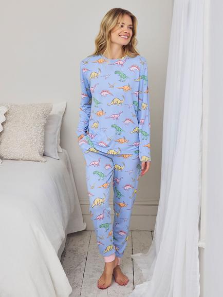 Chelsea Peers Petite Dinosaur Dreams Jersey Long Pyjama Set, Blue, Blue