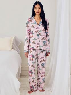 Chelsea Peers Petite Lounging Leopards Button Down Long Pyjama Set containing TENCEL™ Modal, Pink, Pink