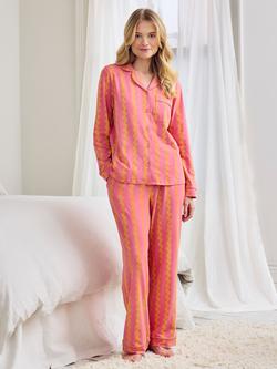 Chelsea Peers Petite Wavy Stripe Button Down Long Pyjama Set, Pink/Orange, Pink/Orange