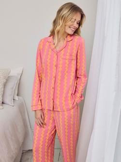 Chelsea Peers Petite Wavy Stripe Button Down Long Pyjama Set, Pink/Orange - view 2, Pink/Orange