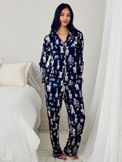 Chelsea Peers Petite Bark Court Button Down Long Pyjama Set containing TENCEL™ Modal, Navy, Navy