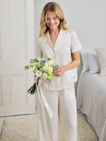 Chelsea Peers Scallop Edge Satin Button Down Long Pyjama Set - view 2, Off White