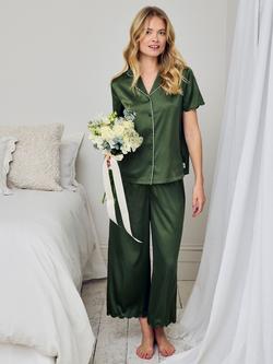 Chelsea Peers Scallop Edge Satin Button Down Long Pyjama Set, Khaki